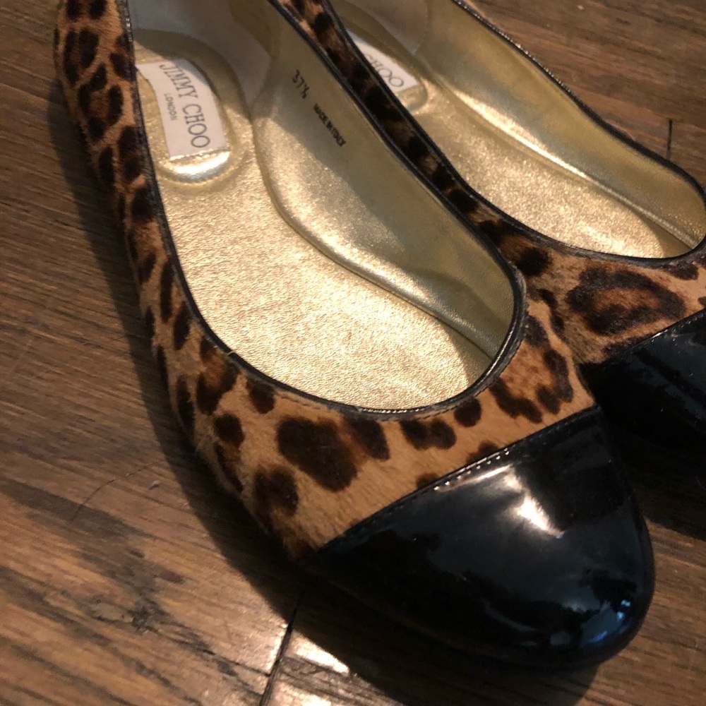 JIMMY CHOO Leopard pony patent-leather ballet flat